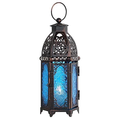 DECORKEY Christmas Lanterns Decorations Indoor & Outdoor, 11’’ Medium Size Vintage Metal Hanging&Tabletop Candle Holder Decor, Halloween Ramadan Decorations for Home Porch Patio(Blue) - Medium - Blue - 1