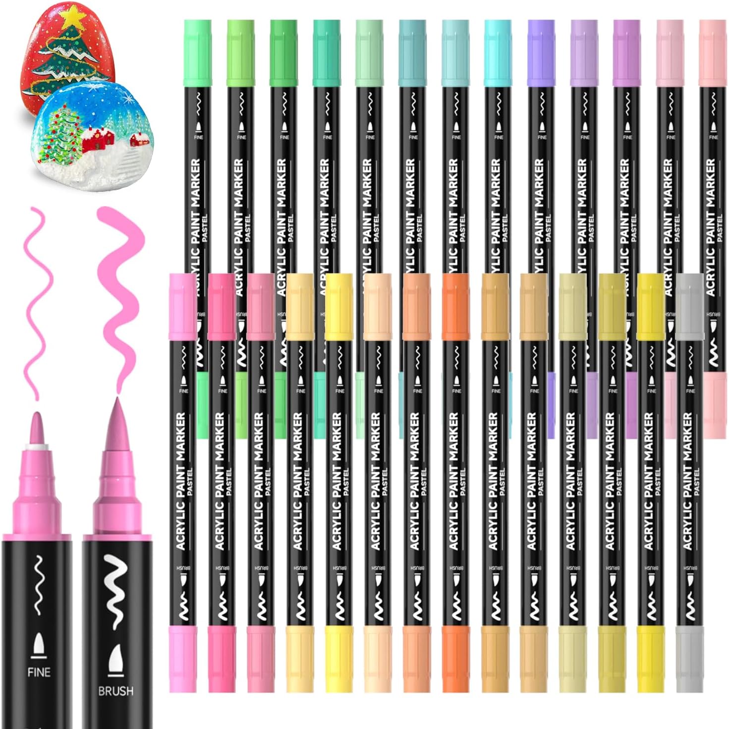Dual Tip Acrylic Paint Pens, 28 Pastel Colours Fine & Brush Paint Marker Pens, Paint Pens for Rock Painting, Ceramic, Wood, Fabric, Art Marker Pen Set for Kids Adults on Christmas Easter