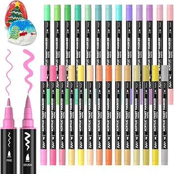Shuttle Art 28 Pastel Colors Dual Tip Acrylic Paint Markers, Brush Tip and Fine Tip Acrylic Paint Pens for Rock, Ceramic, Wood, Canvas, Plastic, Glass, Stone, Calligraphy, Card, DIY Football Crafts
