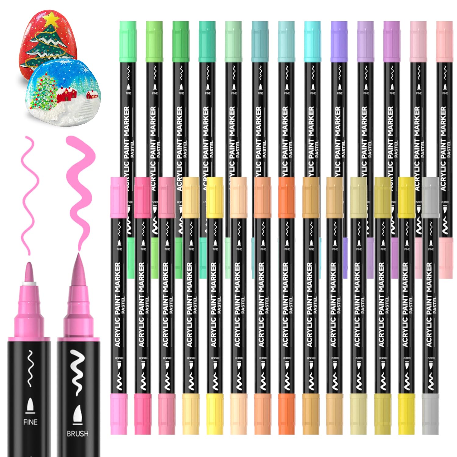 Shuttle Art Dual Tip Acrylic Paint Pens, 28 Pastel Colours Fine & Brush Paint Marker Pens, Paint Pens for Rock Painting, Ceramic, Wood, Fabric, Art Marker Pen Set for Kids Adults on Christmas Easter