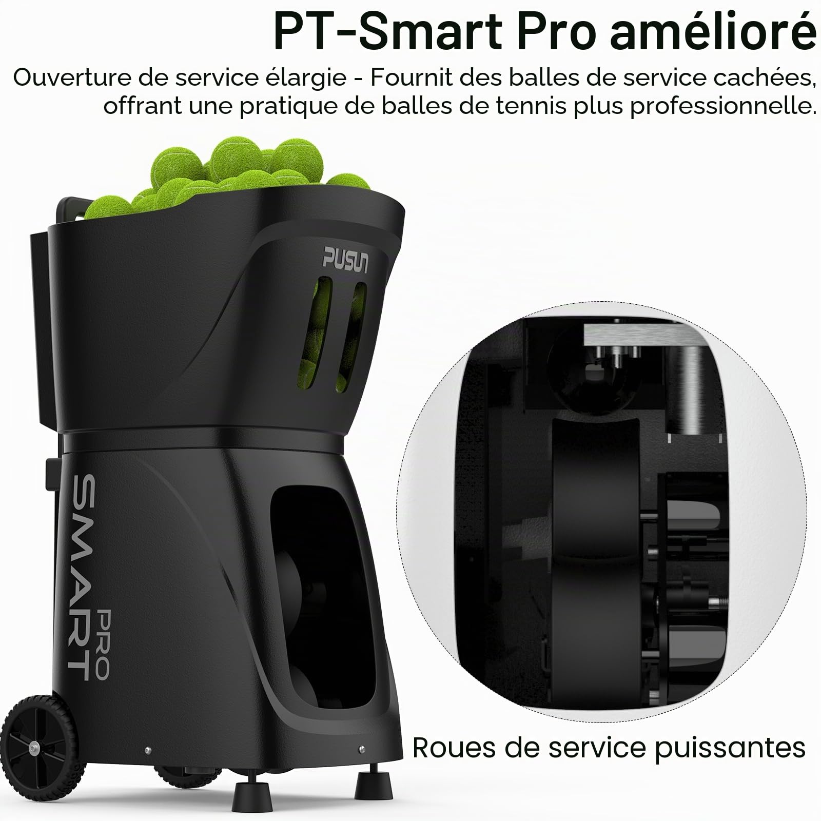 PUSUN Machine à Balles de Tennis, PT-Smart Pro Lanceur de Tennis de Padel pour Entraînement Professionnel, Exercice IA/Programmation/Aléatoire, Triple contrôle via App/iWatch/Télécommande, Capacité