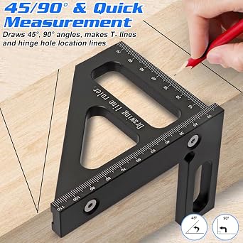3D Multi-Angle Measuring Ruler, 45/90 Degree Aluminum Alloy Miter Triangle Ruler, Woodworking Square Protractor, High Precision Layout Measuring Tool for Engineer Carpenter Craftsmen - Black