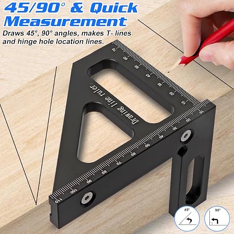 3D Multi-Angle Measuring Ruler, 45/90 Degree Aluminum Alloy Miter Triangle Ruler, Woodworking Square Protractor, High Precision Layout Measuring Tool for Engineer Carpenter Craftsmen - Black