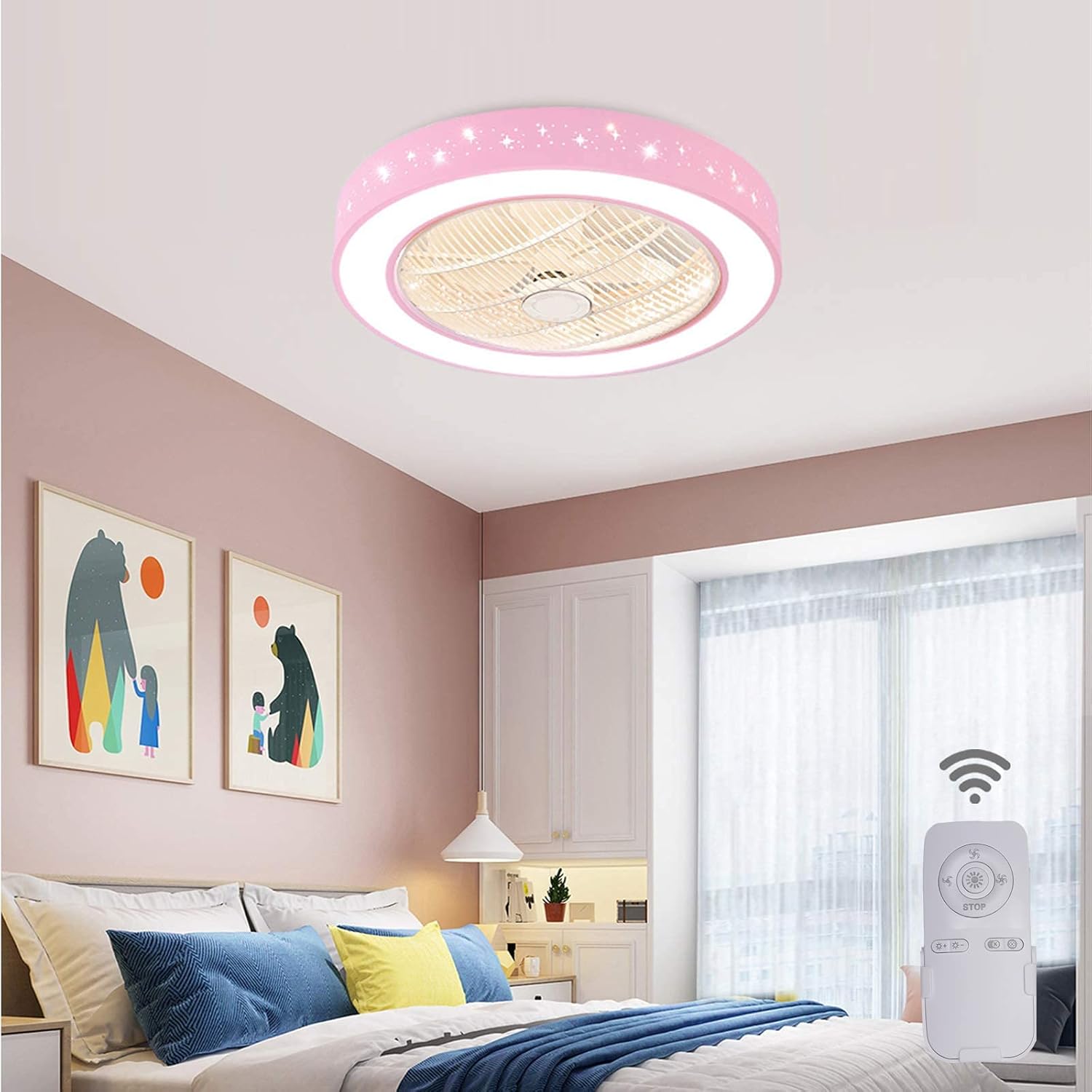 TFCFL 22" Invisible Ceiling Fan with Light, Modern Round Semi Flush Mount Chandelier Fan Drum Shaped Star Pattern with Controller Tri-Color 3 Speed Hidden Blades for Kids Bedroom (Pink)