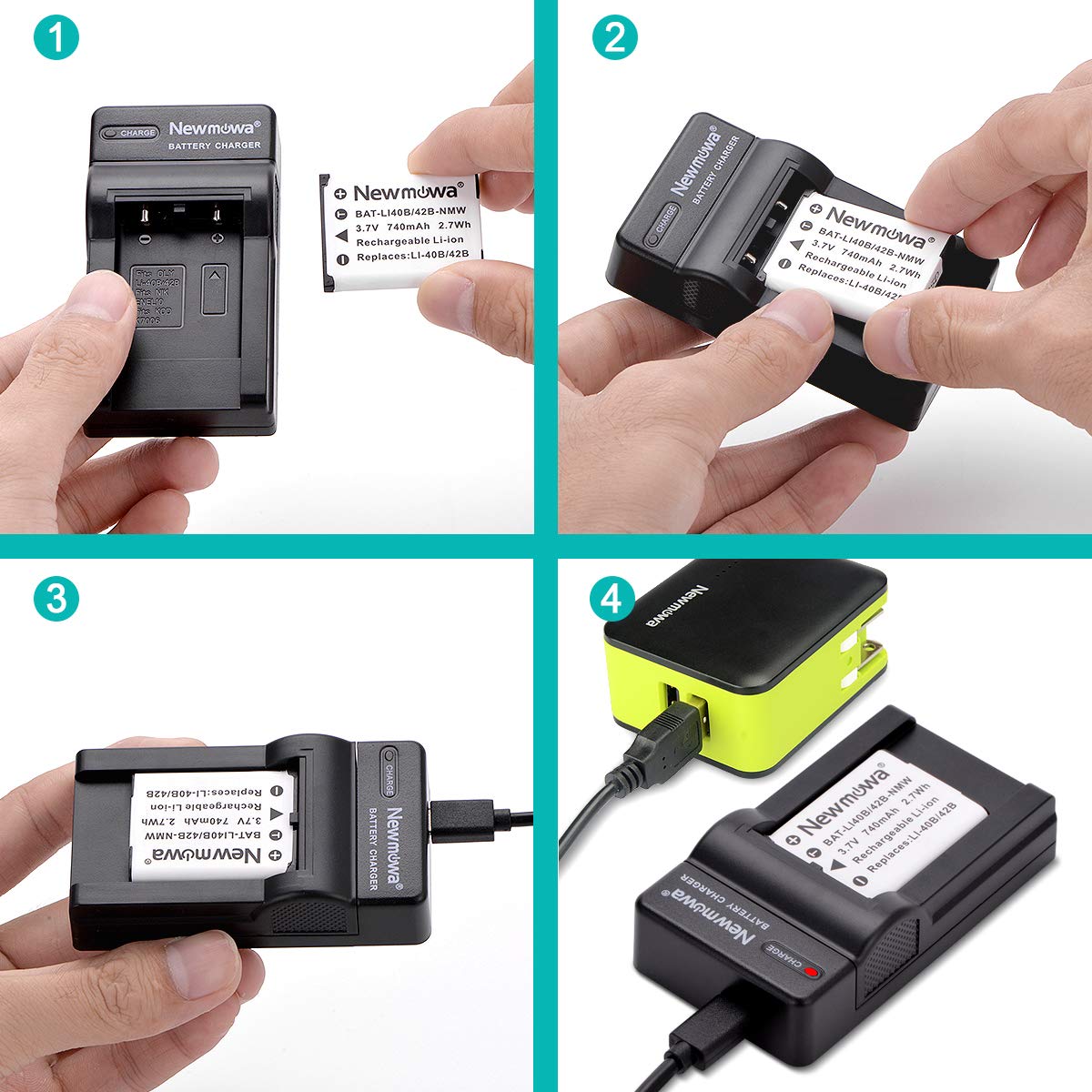 Newmowa Li-42B Batería (2-Pack) y Kit Cargador USB portátil para Olympus Li-42B, Li-40B and Olympus Stylus 1040, 1050W, 1060, 1070, 1200, 7000, 7010, 7020, 7030, 7040