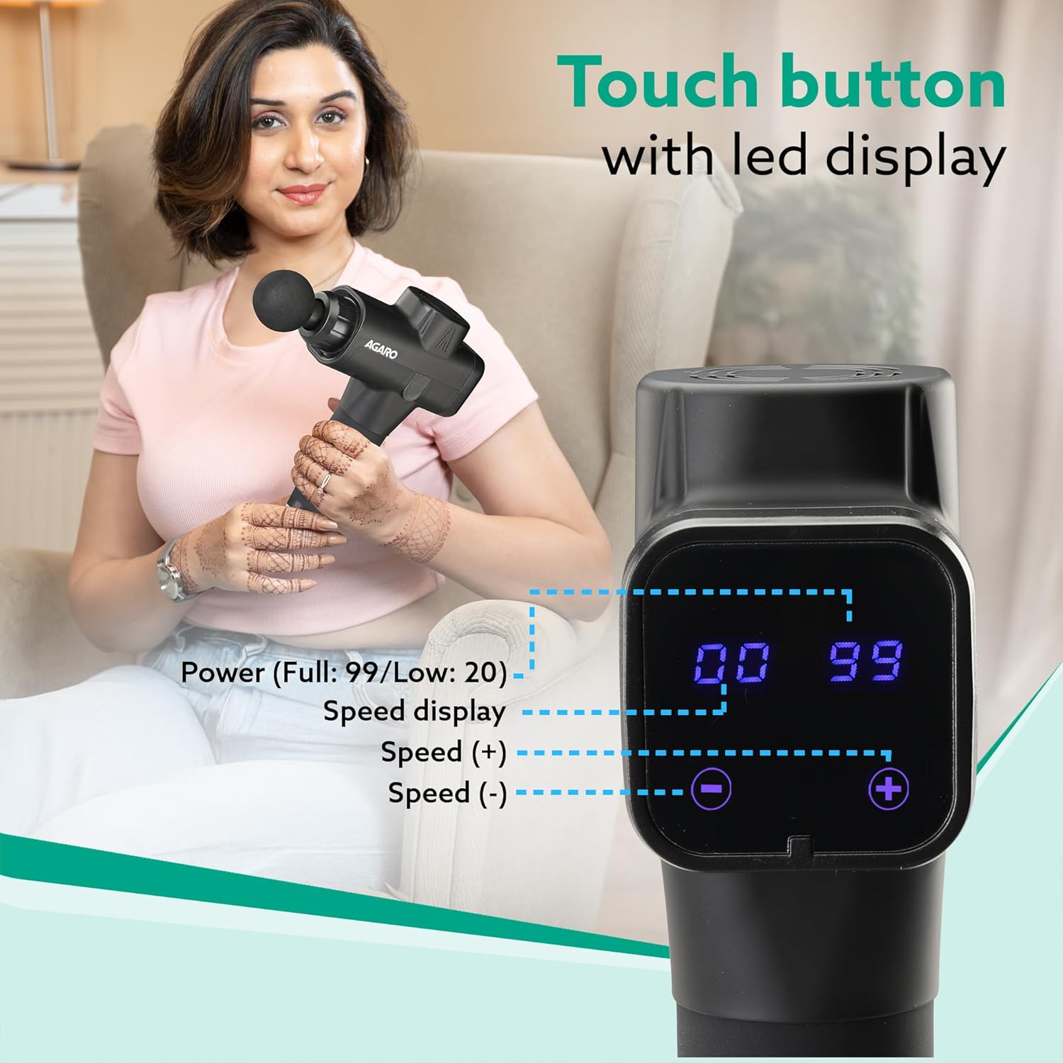 AGARO Supreme Handheld Percussion Massage Gun,Brushless Motor,Massage Machine,Body Massager,Rechargeable,6 Massage Heads,20 Speed Settings,Carry Case,Deep Tissue Body Massage,Pain Relief,Black AGARO Supreme Handheld Percussion Massage Gun,Brushless Motor,Massage Machine,Body Massager,Rechargeable,6 Massage Heads,20 Speed Settings,Carry Case,Deep Tissue Body Massage,Pain Relief,Black