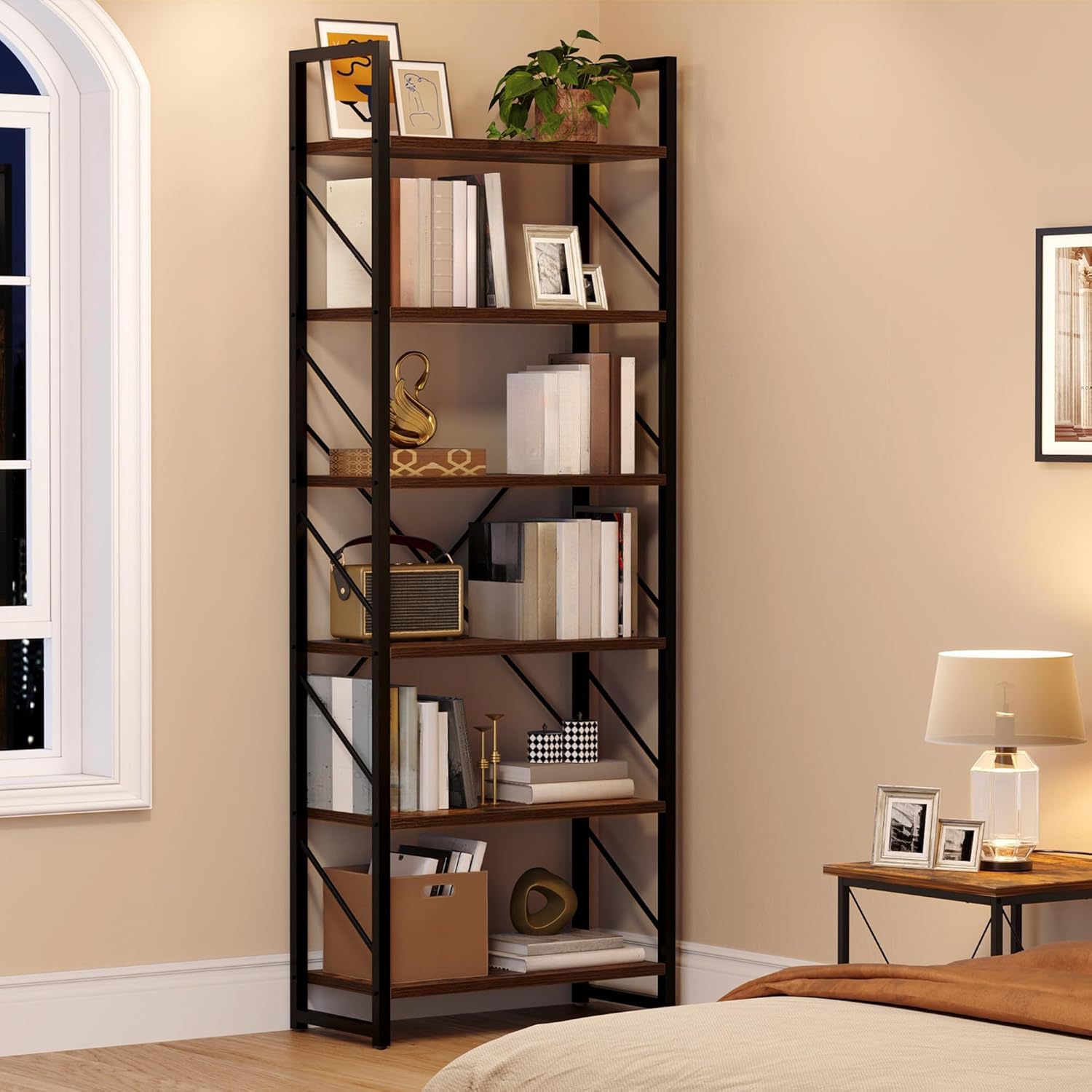 DWVO Industrial Book Shelf 6 Tier Bookshelf Tall Bookcase, Open Display Storage Rack Shelves for Living Room/Bedroom/Home/Office/Kitchen, Rustic Brown