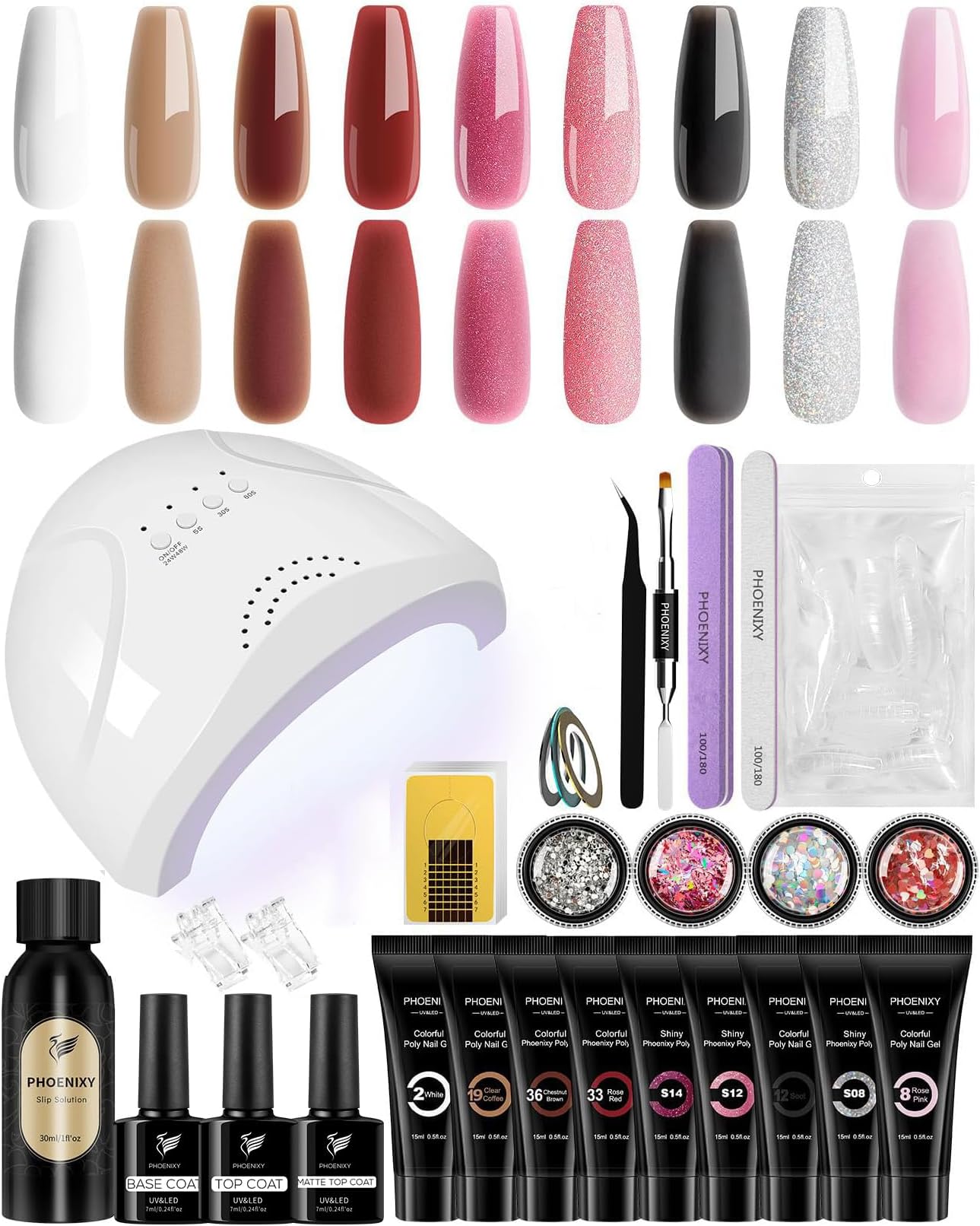 Phoenixy Poly Nail Gel Kit, 9 Colors Nail Extension Kit with 48W LED U V Nail Lamp Slip Solution Manicure Tools Poly Nail Starter Kit Pink Black Brown White Glitter Nail Kit Gifts for Women