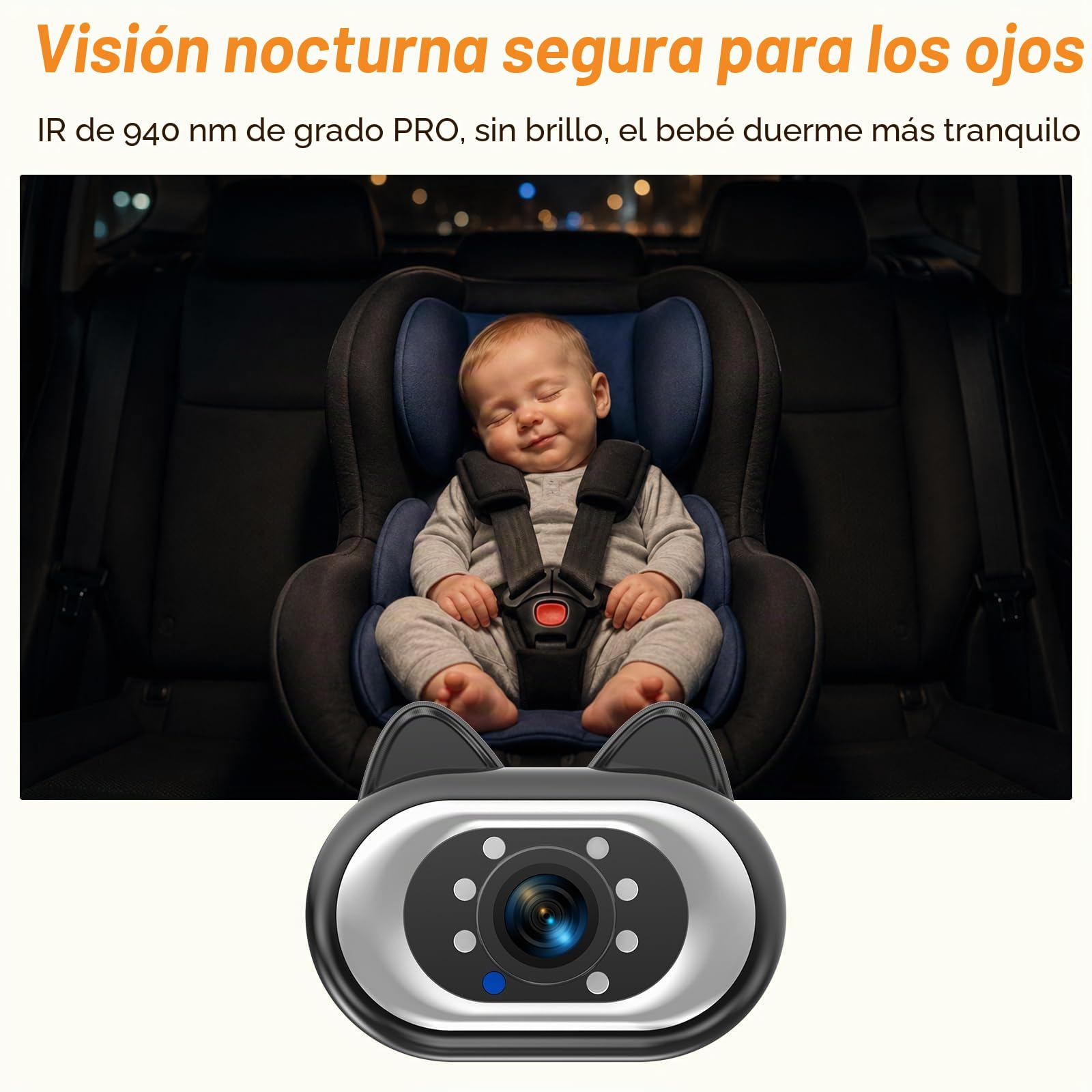 Cámara HD 1080P para coche de bebé con luz ajustable: visión nocturna clara para mantener la tranquilidad para viajes diarios y viajes largos por carretera, visión amplia de 150°, fácil configuración | Cámara de asiento de coche para bebé orientado hacia