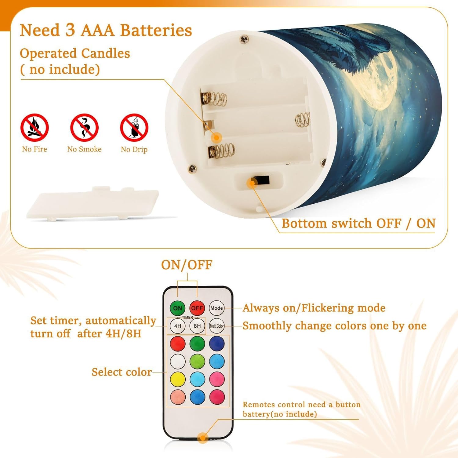 ALAZA Wolf Moon Flameless Candles, LED Pillar Candles with Remote Timer, Battery Operated Candles Set of 2