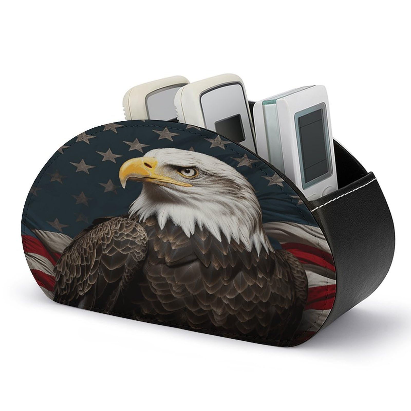 American Bald Eagle Sitting on Flag Ribbon Remote Control Holder Farmhouse TV Media Remote Storage Box with 5 Compartments PU Leather Remote Caddy Desktop Organizer for Home Bedside Table Organizer