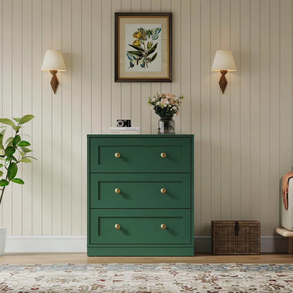RUSTIC ROOTS Emerald Charm 3-Drawer Solid Wood Dresser with Brass Knobs – Modern Storage Chest for Bedroom & Living Room-image-29
