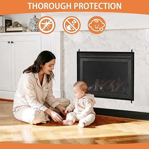 Miniatura 7 de Puerta de seguridad para chimenea, 43 x 28 pulgadas, instalación sin taladro, barrera de malla de poliéster para bebés y mascotas para chimenea de