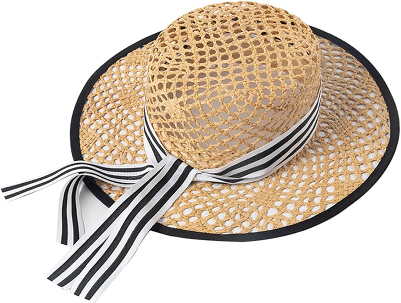 Women’s Straw Flat Top Hat with Ribbon, Handwoven Wide Brim Sun Hat for Spring and Summer Travel