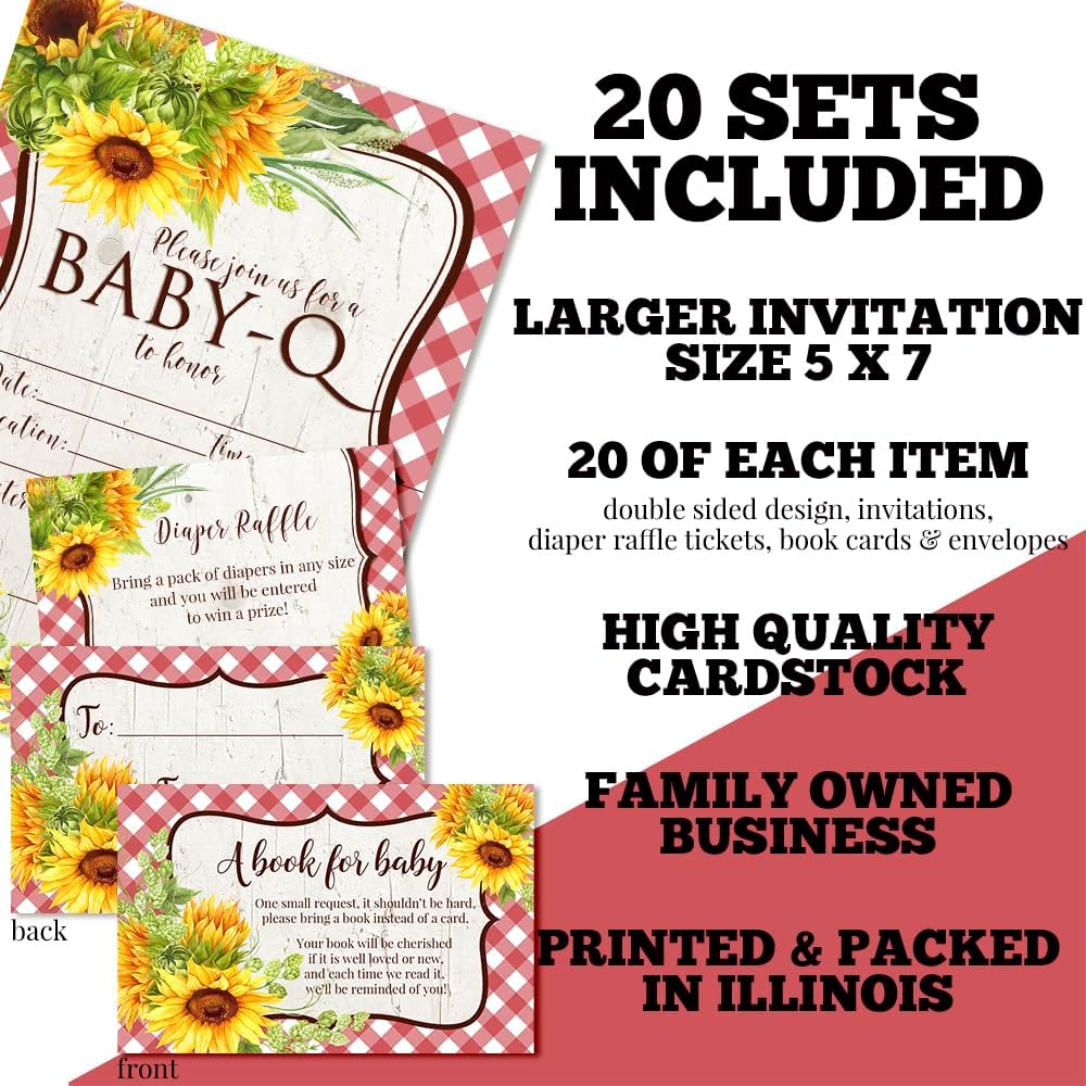 Baby Shower Invites for Girls – Sunflower Baby Q Baby Shower Invitation Bundle with Diaper Raffle Tickets, Book Request Cards & Envelopes. Set of 20 5X7 It’s A Baby Q Invitation Kit Sets