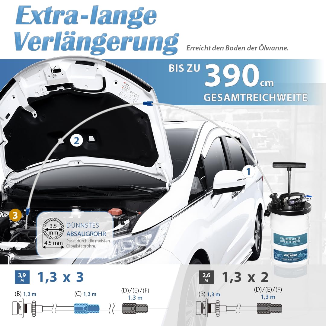 FIRSTINFO A1108EUY5 Patented Taiwan 3. Generation 9 L Hergestellt in Taiwan | Ölabsaugpumpe pneumatisch & manuell, patentiert, mit Manometer, 130 cm Schlauch, 5 Leitungen inkl. extra dünner Schlauch