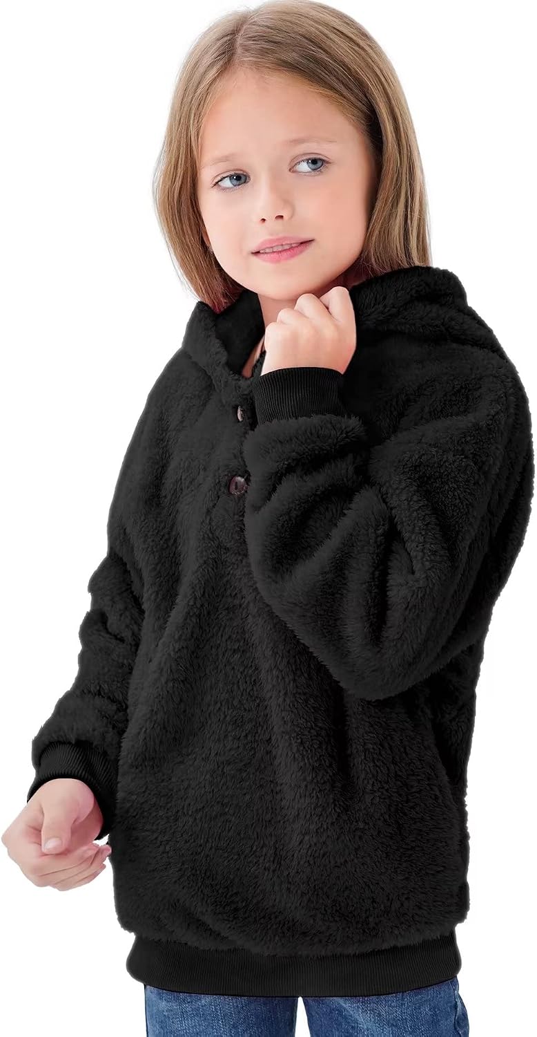 Little Beauty Girl Fuzzy Hoodies Kids Winter Warm Sweatshirt Long Sleeves Zip Fleece Clothes with Pockets Size 6-15 Years