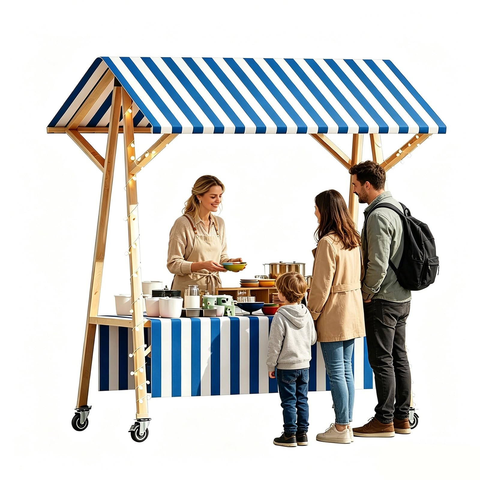GMBAYUE Portable Farmers Market Stand, Folding Wooden Food Cart with Canopy, Outdoor Vendor Cart for Street Vending, Parties and Events(Blue,59x24x79in/150x60x200cm)