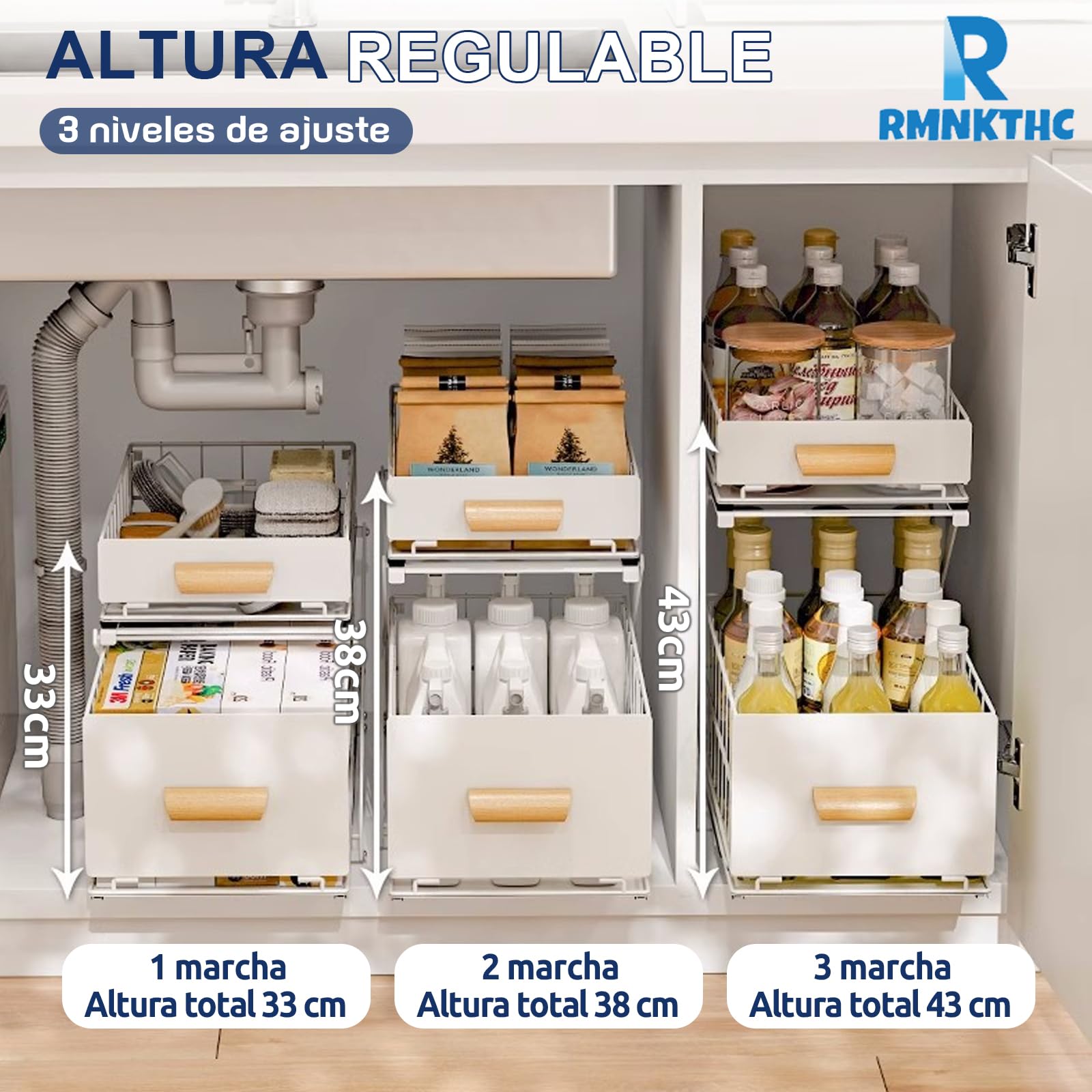 Estantería para especias, 2 niveles, encimera, cocina, organizador sin montaje, organizador extensible, espacio para especias y botellas (blanco)