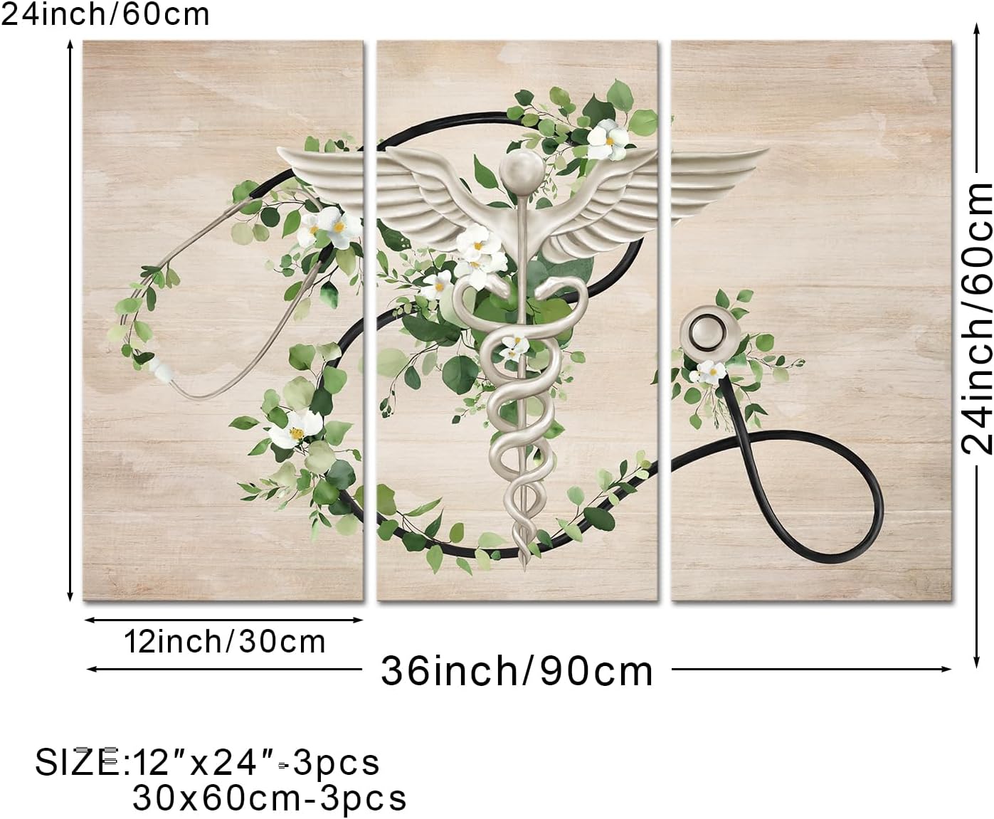 iKNOW FOTO 3 Piece Canvas Set Wall Art Stethoscope and Caduceus 3D Render Health and Fitness Themed Artwork Colorful Modern Hospital Decor for Clinic Office Living Room Each Panel 12x24 Inch