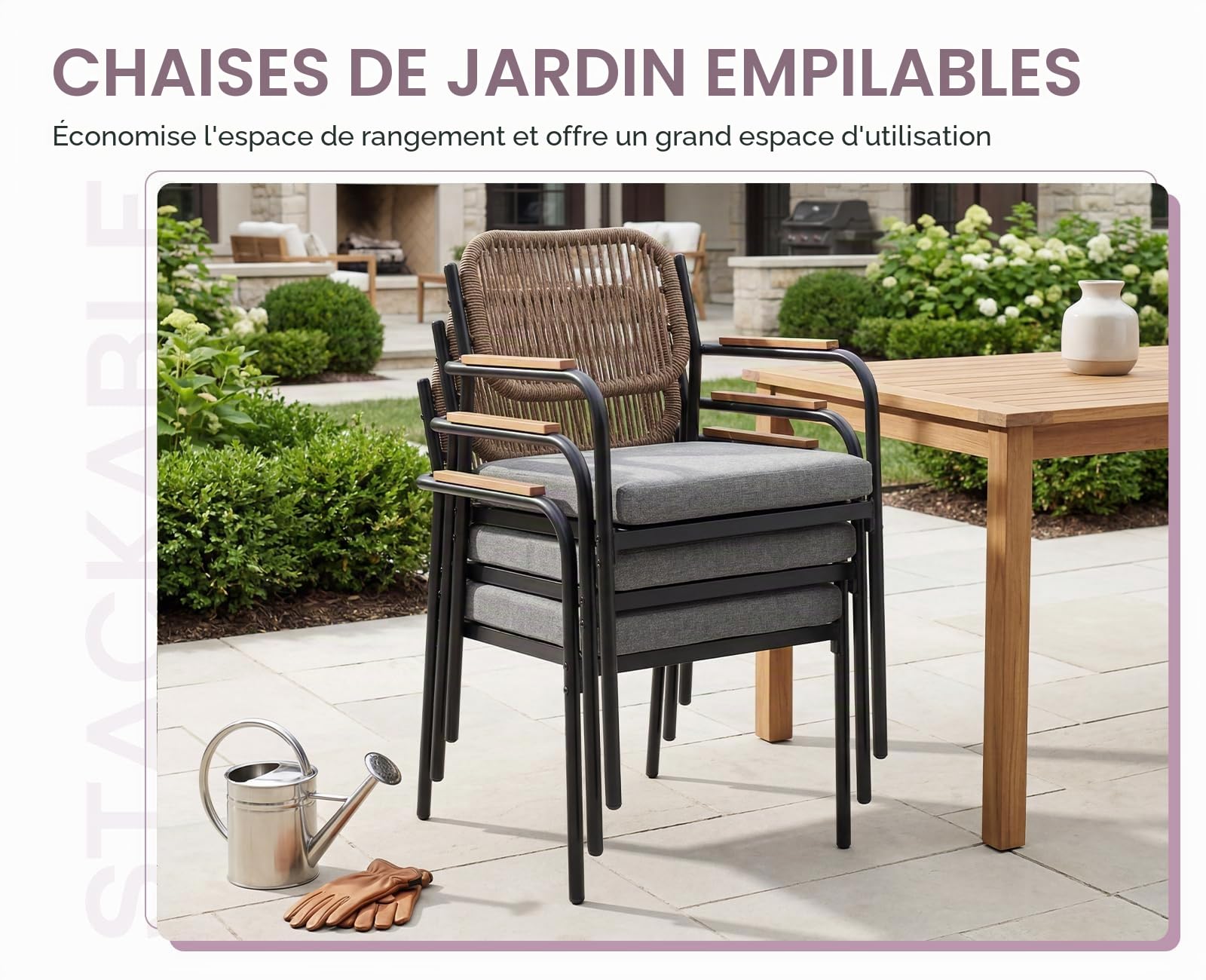 Ya-Home Chaise Jardin Exterieur, 2PCS Fauteuils Jardin, Corde Tressée, Gris