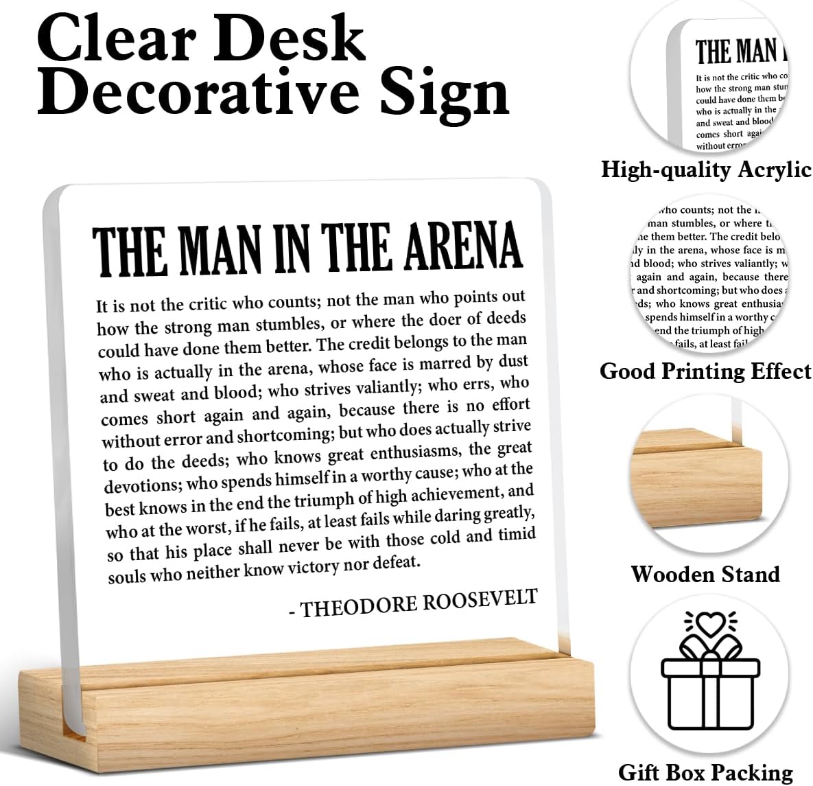 Motivational Desk Decor Inspirational the Man in the Arena Acrylic Plaque Sign With Wooden Stand Decoration for Home Office Cubicle, Positive Gifts for Women Men - Image 3