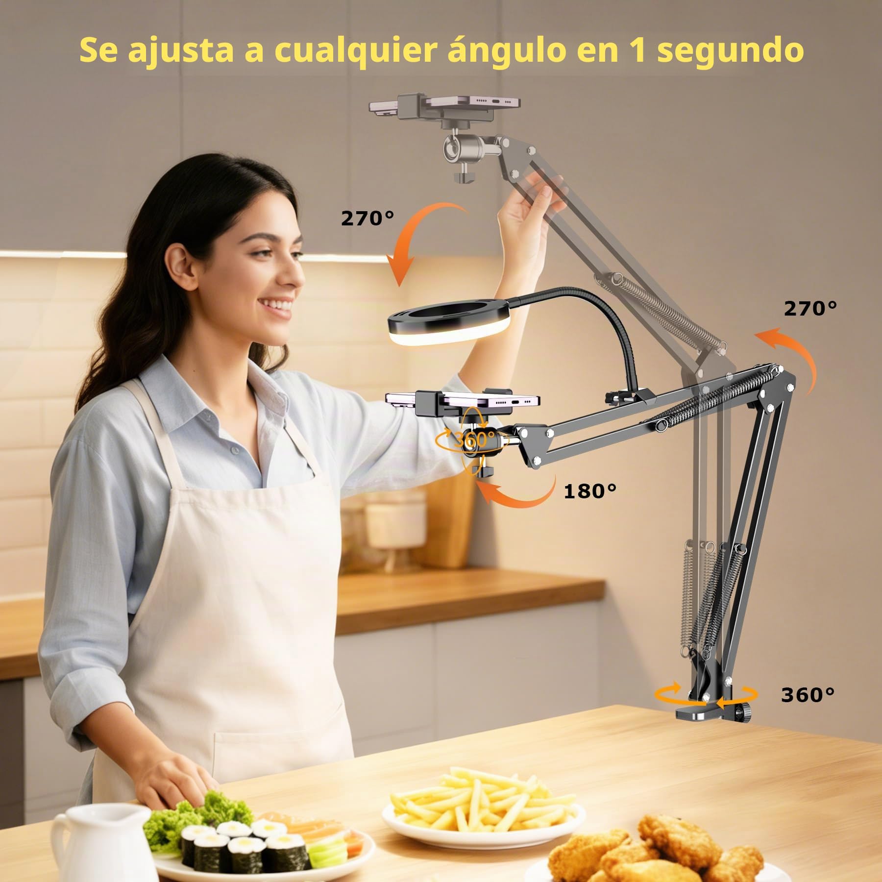 Soporte de teléfono Superior con Anillo de luz, Soporte articulado Flexible Compatible con iPhone, cámara Web Logitech, trípode de Escritorio para Youtube Live Stream Cocina, grabación de Video de