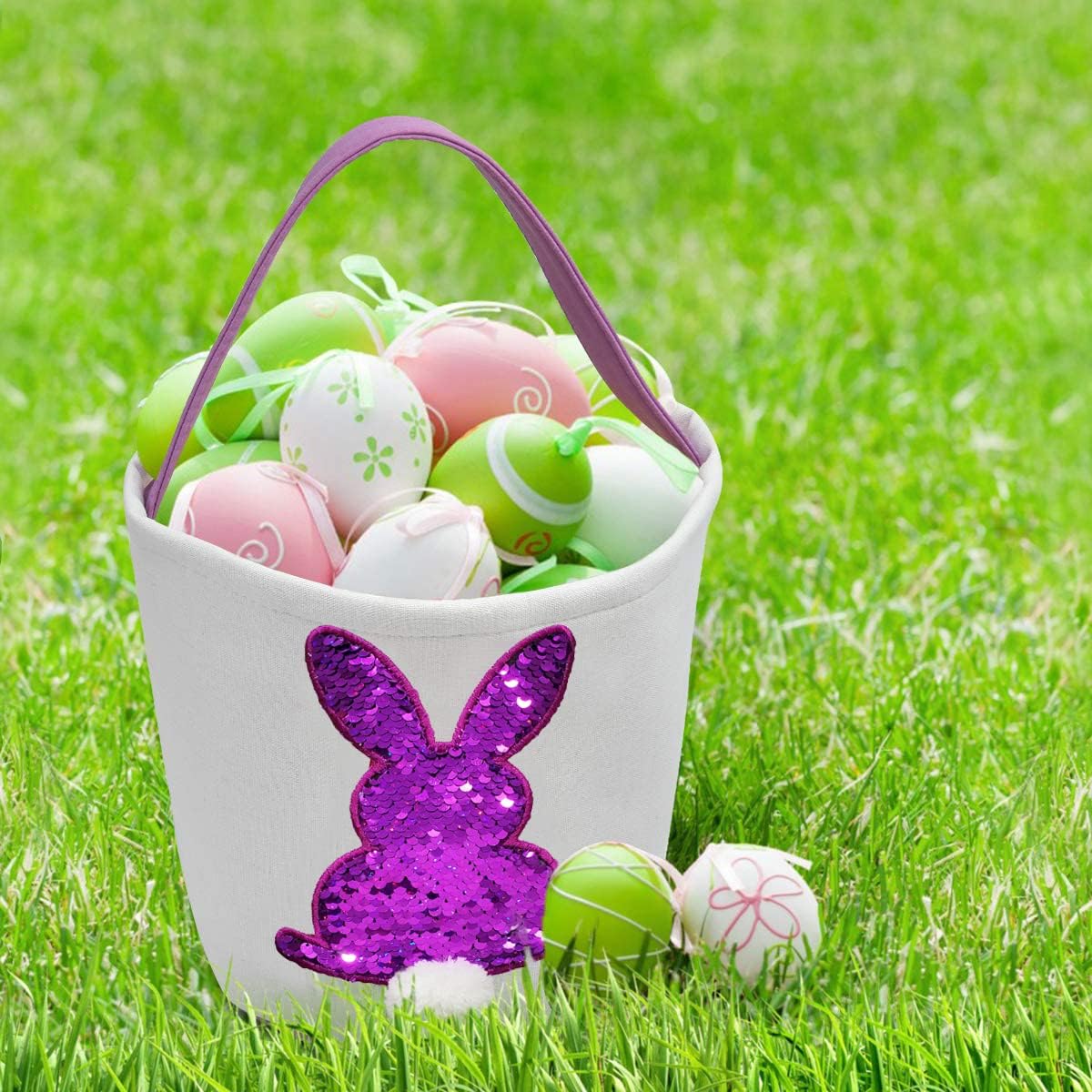 Poptrend Easter Basket Bags,Easter Eggs/Gift Baskets for Kids,Bunny Tote Bag Bucket for Easter Eggs,Toys, Candy,Gifts (Purple paillette)