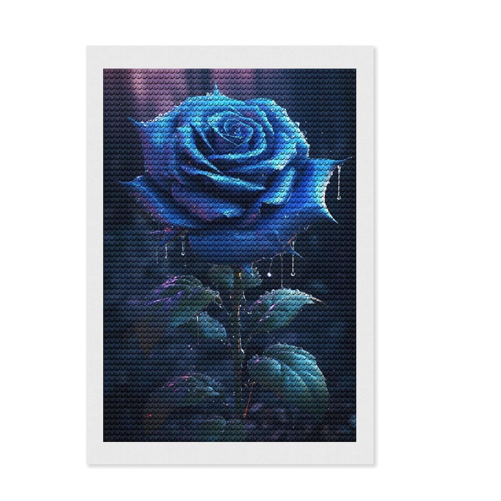 Junmoney Rainy Blue Rose Flower Diamond Painting Kit 8"x12", Decorate Your Room, Neat Printed Canvas, Adhesive Canvas, Bedroom Decor