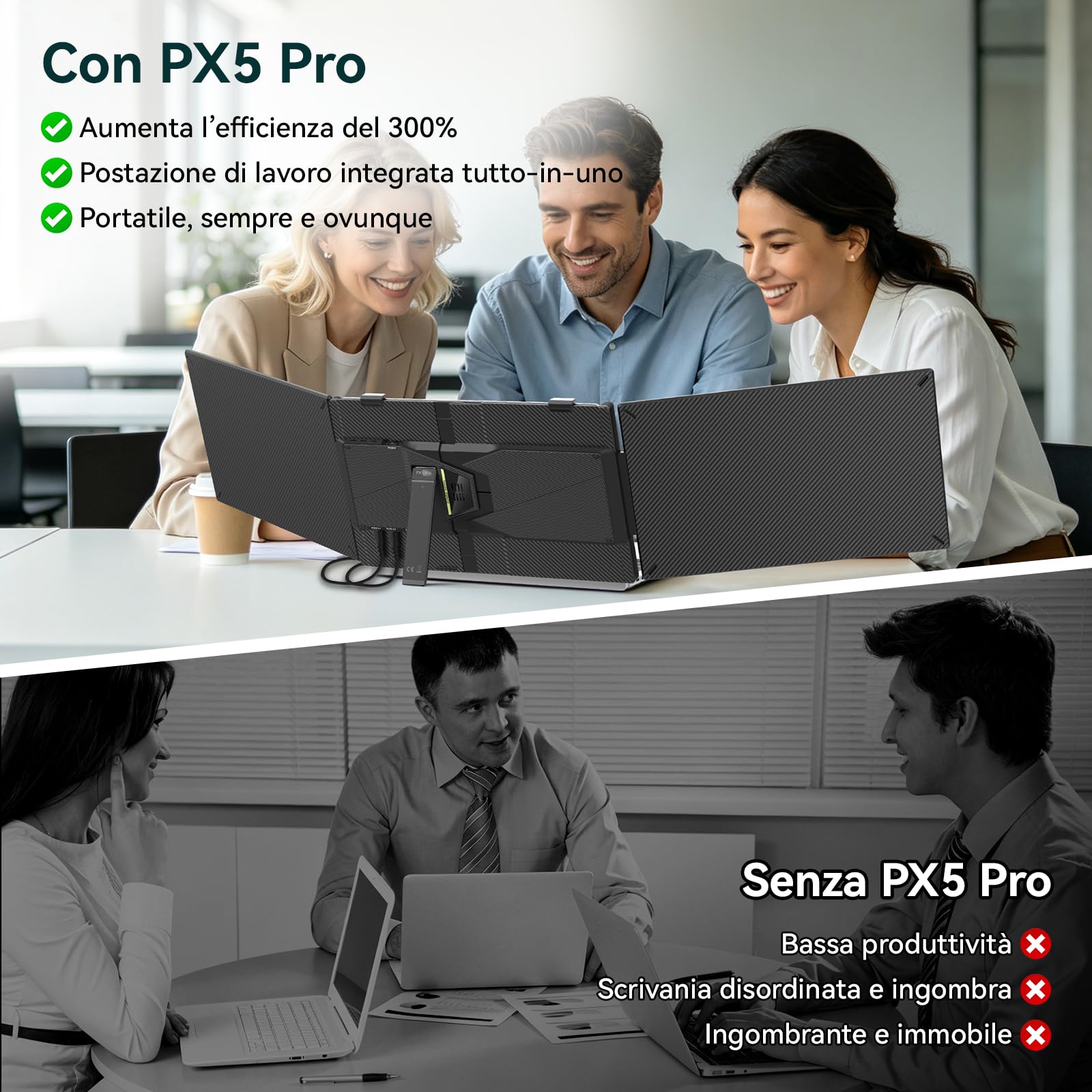 PX5 Pro Triplo Monitor Portatile per Laptop 14" FHD IPS 300 nit, Schermo Esterno USB-C Plug & Play Senza Magneti, Secondo Schermo per Smart Working, Viaggio e Ufficio