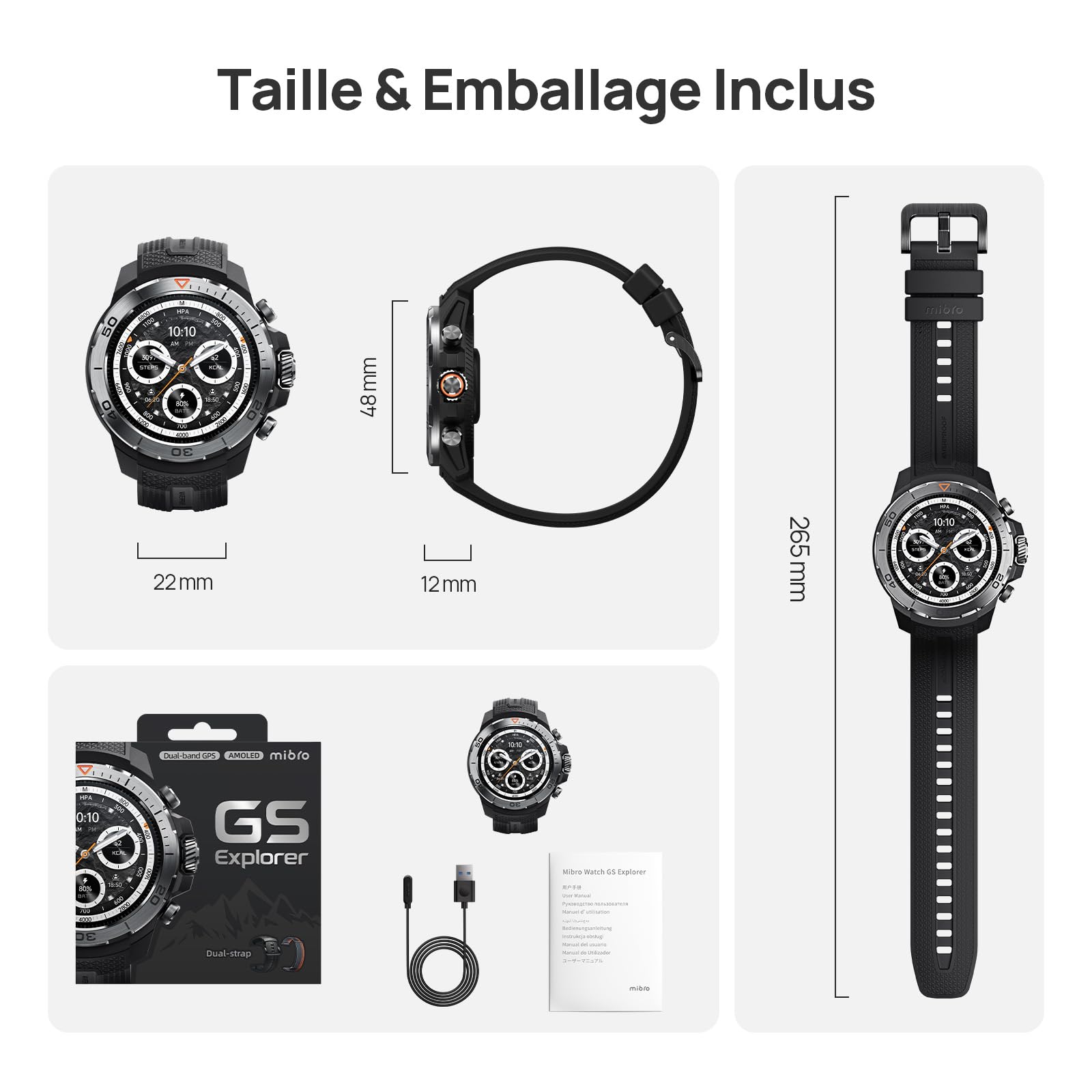 Mibro GS Explorer Montre Connectée Homme Outdoor, GPS, 10ATM Étanche | Smartwatch Militaire 1.32" AMOLED, 20 Jours, Baromètre Surveiller SpO2 Boussole pour Aventure, Android et iOS (Noir)