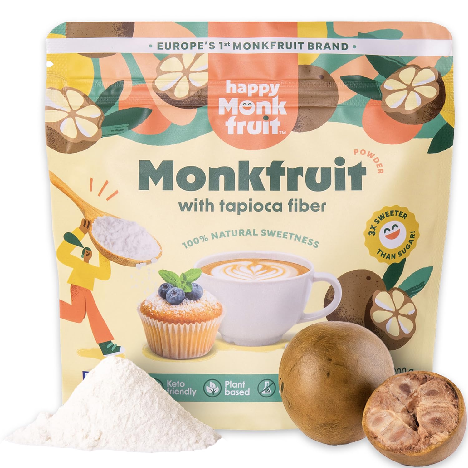 Frutto del Monaco in Polvere 200g Dolcificante, 150 Porzioni, 3x Più Dolce dello Zucchero - Monk Fruit Senza Eritritolo - Sostituto dello Zucchero per Dolci, Keto, Vegano | Happy Monkfruit®