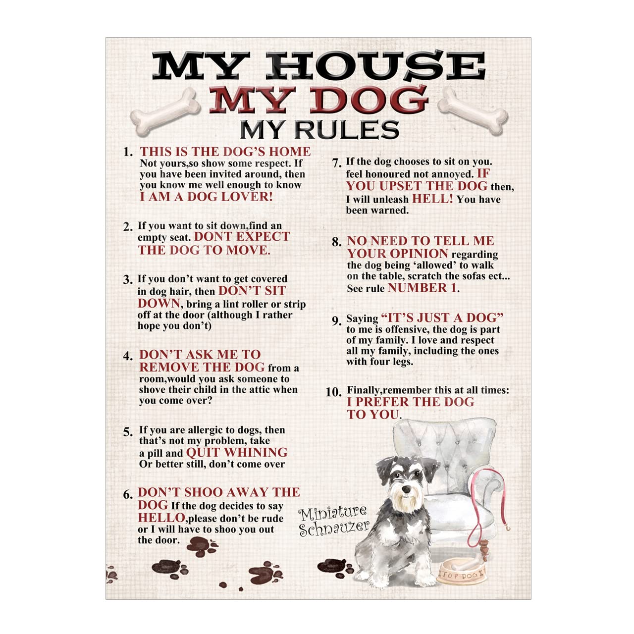 Miniature Schnauzer Dog Metal Sign Plaque My House Rules For Garden Man Cave Home Bar Home Decor Shed Garage Poster Gift size 10x8in ref7934