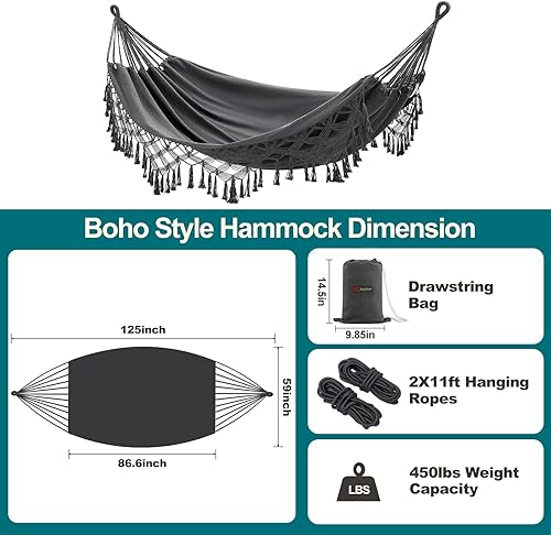 Miniatura 4 de JoyView Hamaca doble bohemia de macramé con cuerdas para colgar y elegantes borlas, hamaca portátil de algodón de 86.6 x 59 pulgadas para patio,