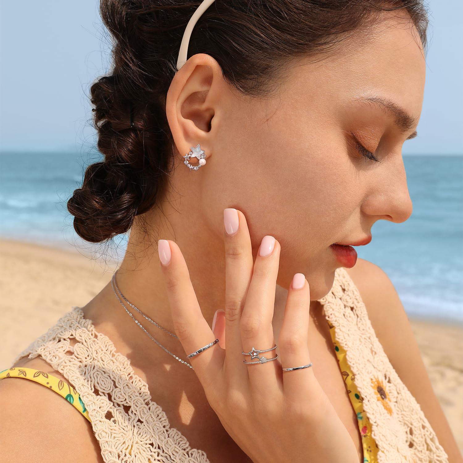 Meissa Orecchini a stella di perle fatti a mano per ragazze Tee Orecchini a perno plissettati d'oro Stella d'argento con zirconi Ipoallergenici, Argento