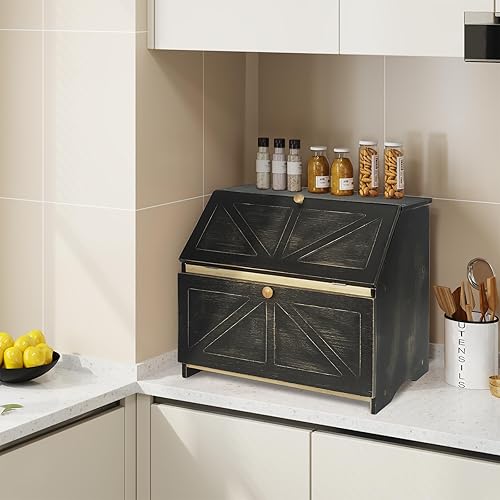 Miniatura 36 de HOMEKOKO Panera grande de doble capa para encimera de cocina, contenedor de almacenamiento de pan de madera de gran capacidad (negro) Negro