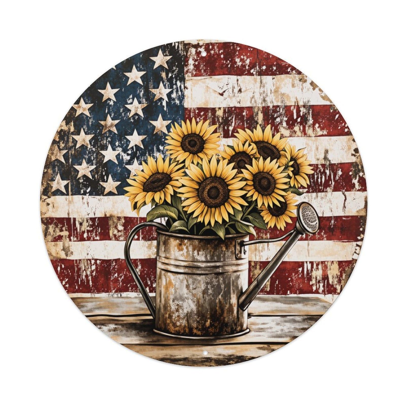American Flag Sunflowers Watering Can Round Tin Sign Retro Metal Sign for Cafe Bar Pub Home Game Room Gym Club Wall Decoration Vintage Metal Poster 8x8 Inch