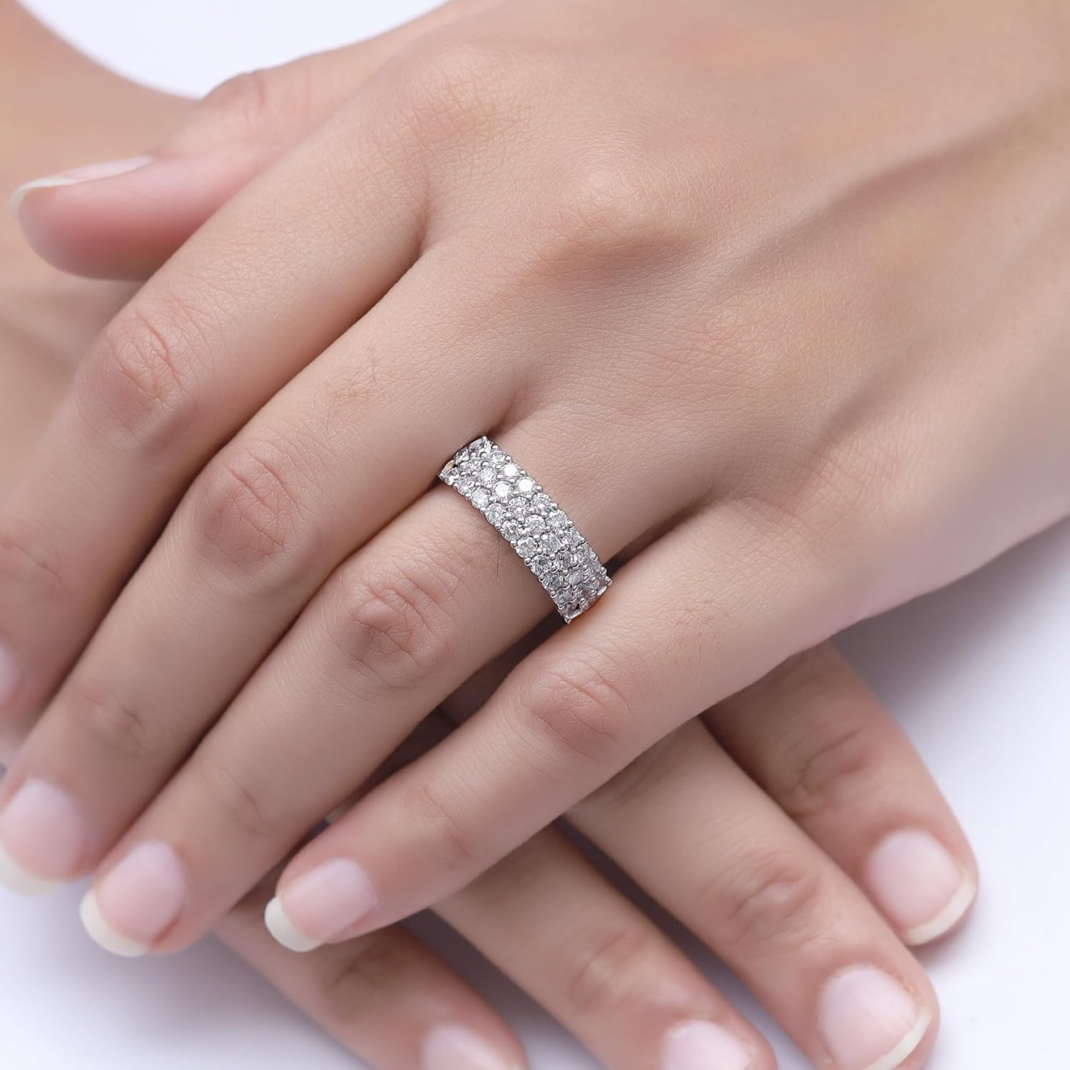 3-Row Half Eternity Wedding Band Ring For Women Round Lab Created Moissanite or Lab Grown Diamond Anniversary Ring in 14K Gold Plated Sterling Silver Jewelry Gift For Her