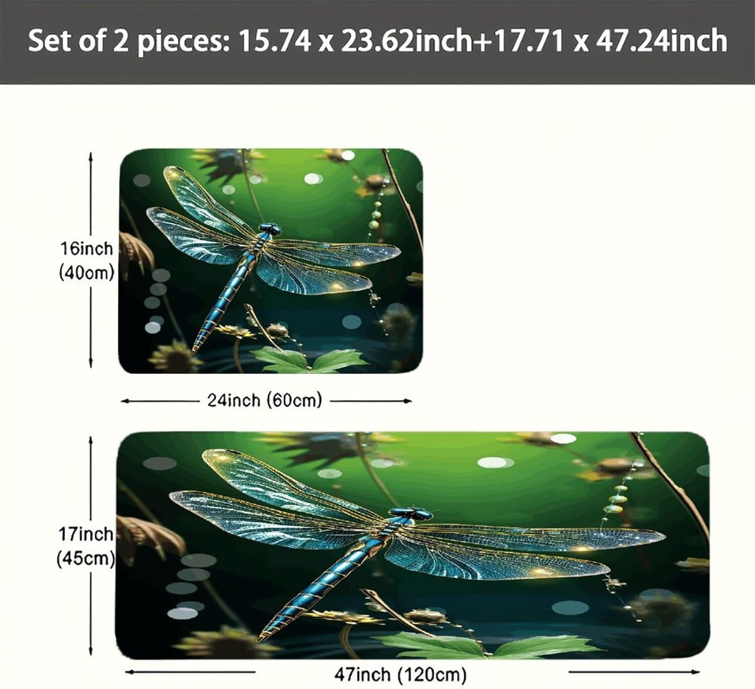 Dragonfly Green Kitchen Mat Set of 2 Ergonomic Comfort Velvet Rugs Cushioned Anti-Fatigue Non-Slip Standing Mats Thick Kitchen Floor Mat Carpet Runner Rugs 16"×24"+17"×47"
