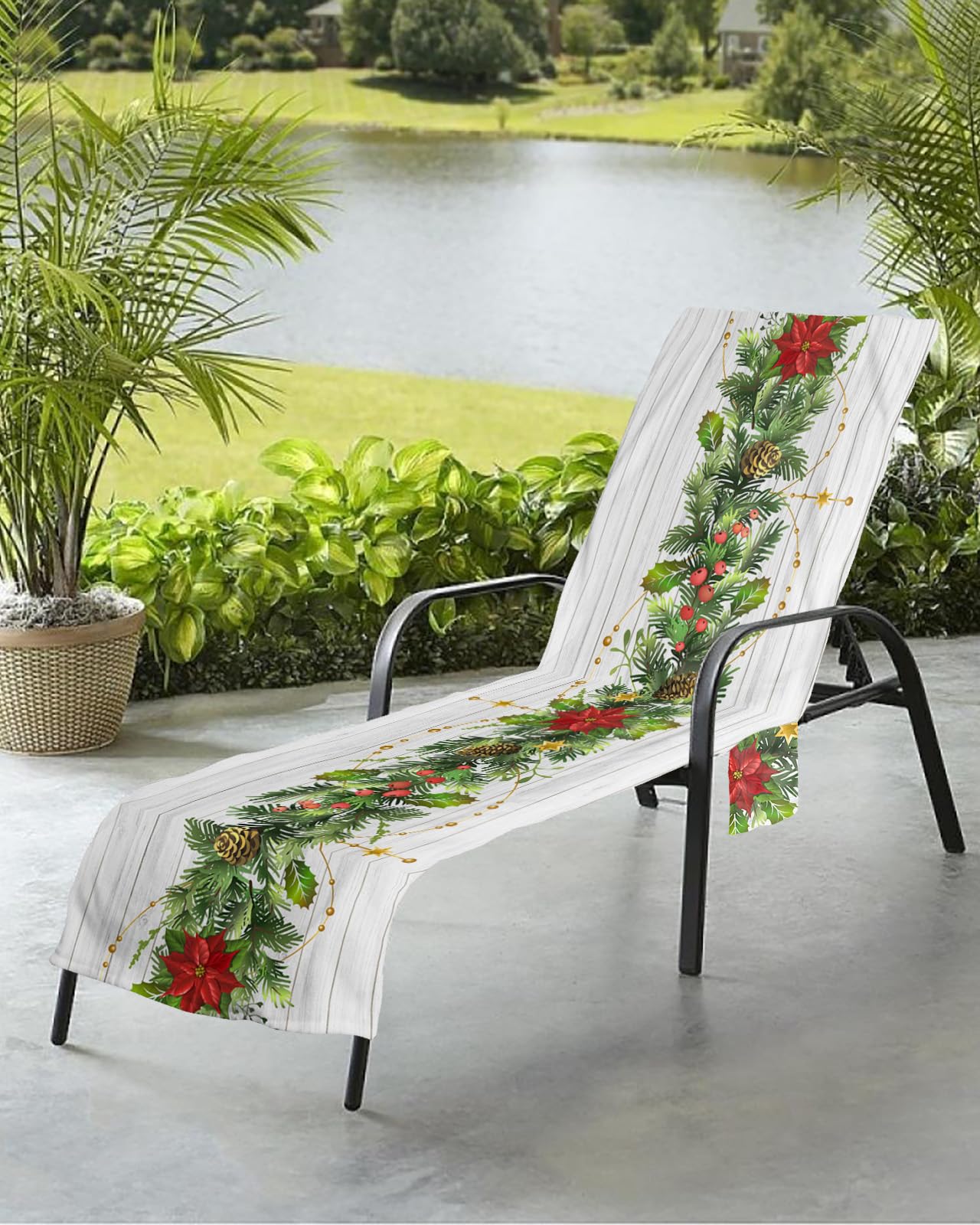 Christmas Pine Beach Chair Towel Covers for Chaise Lounge With Side Pocket, Soft Plush Pool Towels Cover for Patio Sunbathing Outdoor 29''x85'' Farmhouse Wood Red Flower