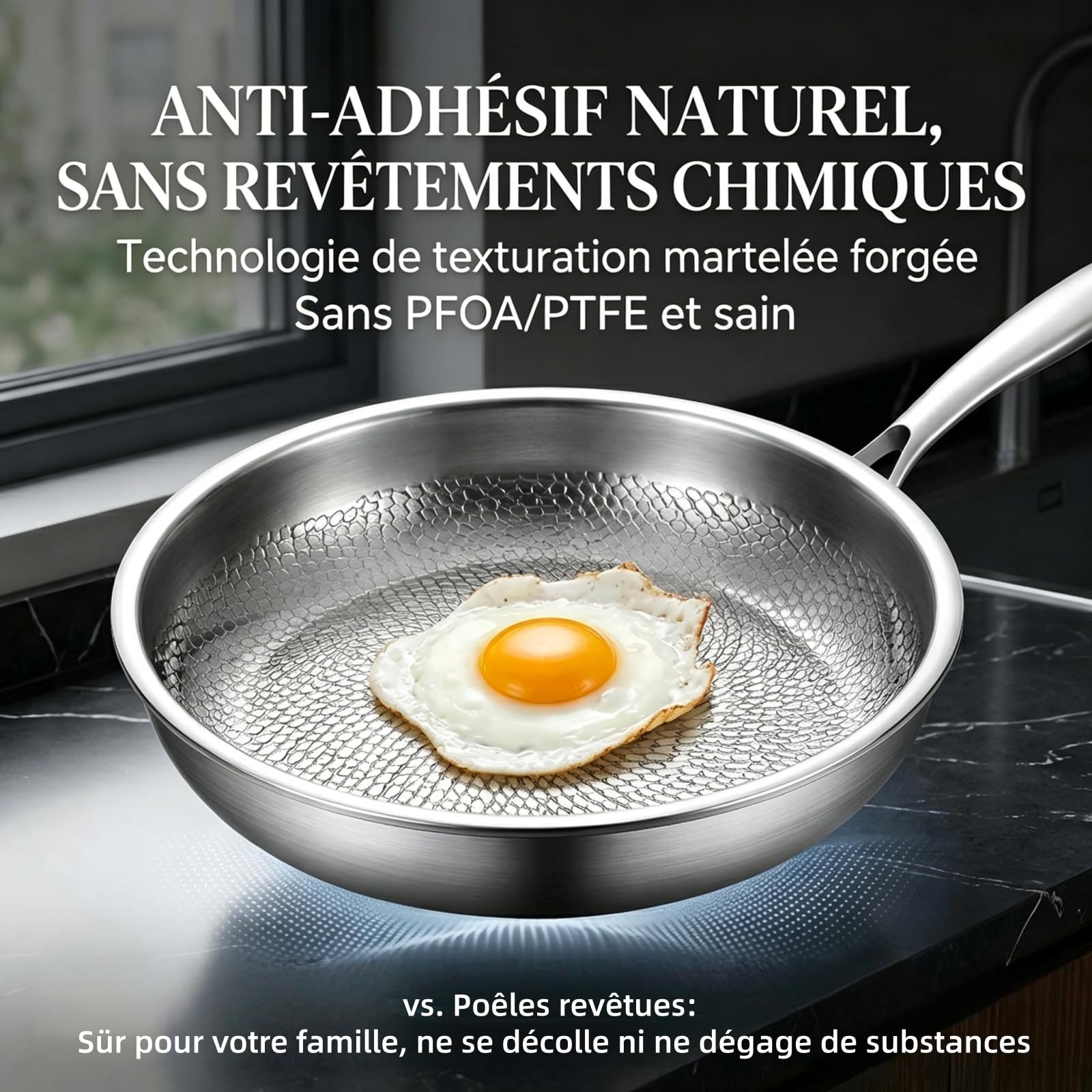 Poele Titanex,2026 Neu PoêLe Titane Pur Avec couvercle, 26/28/30 AntiadhéSive, Compatible Induction & Tous Feux, Surface MarteléE RéSistante Aux Rayures，30cm