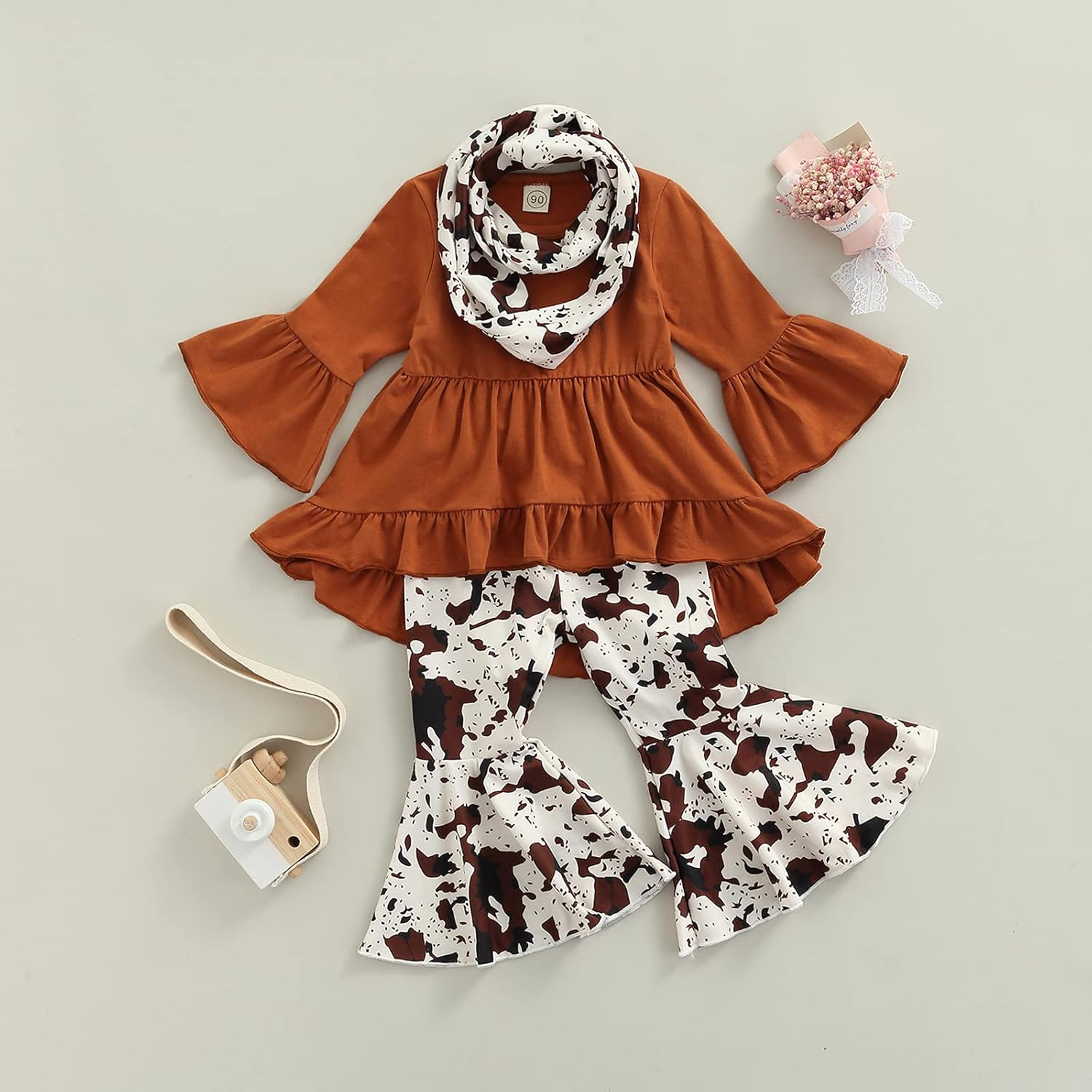 wdehow Toddler Baby Girls 3PCs Outfits Long Pullover Ruffle Dress Shirt Cow Print Flared Pants Set Fall Winter Clothes - Image 2