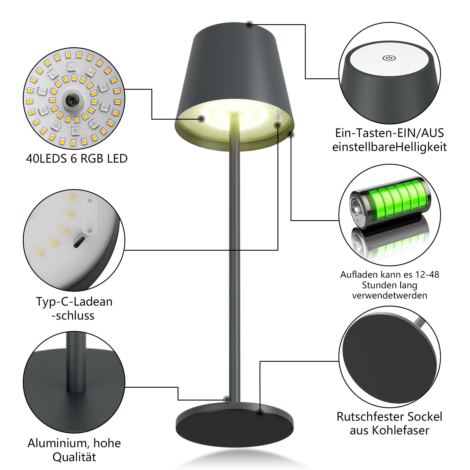 Aipsun Dimmbare LED Akku Tischlampe 36.5cm, Dunkelgrau, 2 Stück | Wiederaufladbar Warmweiß 3000K Tischleuchte & 8 RGB Farben Für Camping, Bar, Schlafzimmer, Restaurants, Aluminium, IP54