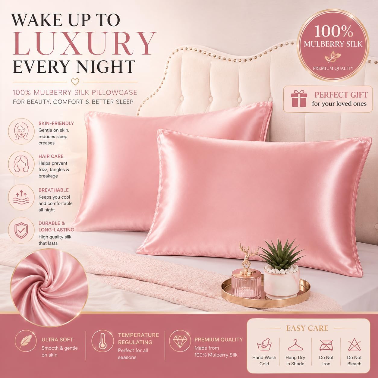 LEE Mulberry Silk Pillowcase Queen Set of 2, 100% Mulberry Silk Pillow Cases for Hair and Skin, Cooling Satin-Like Soft Pillow Covers with Hidden Zipper, Smooth, Breathable, Wrinkle Resistant, Pink