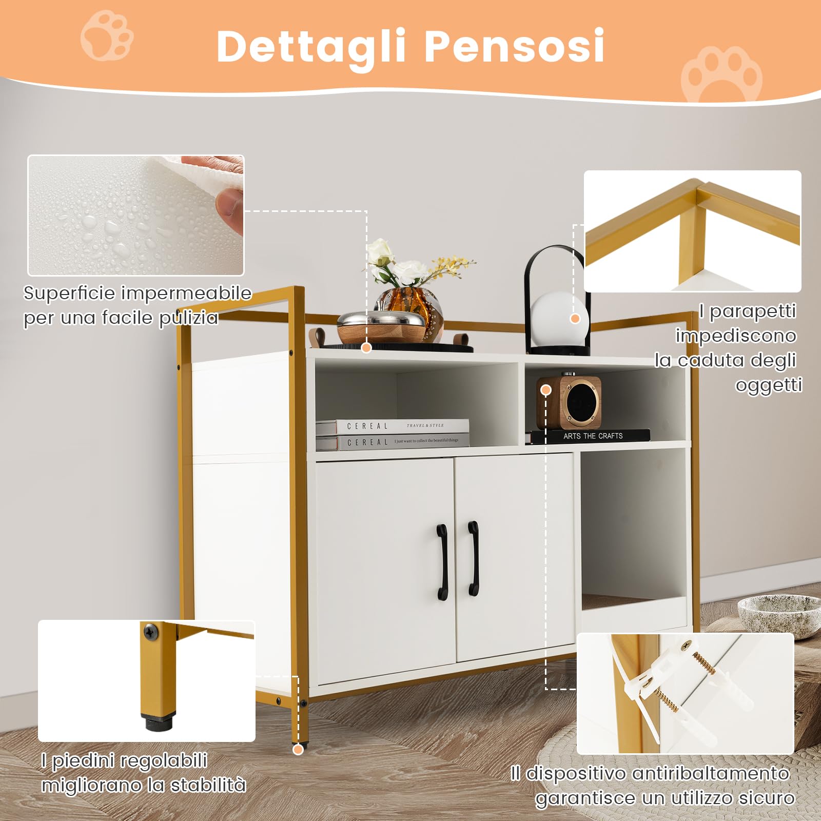 GYMAX Casetta per Gatto, Mobile Lettiera per Gatti, con Robusto Telaio in Metallo, Tiragraffi, Scaffali di Stoccaggio in Legno, Stile Industriale, 89 x 45 x 74,5 cm (Bianco)