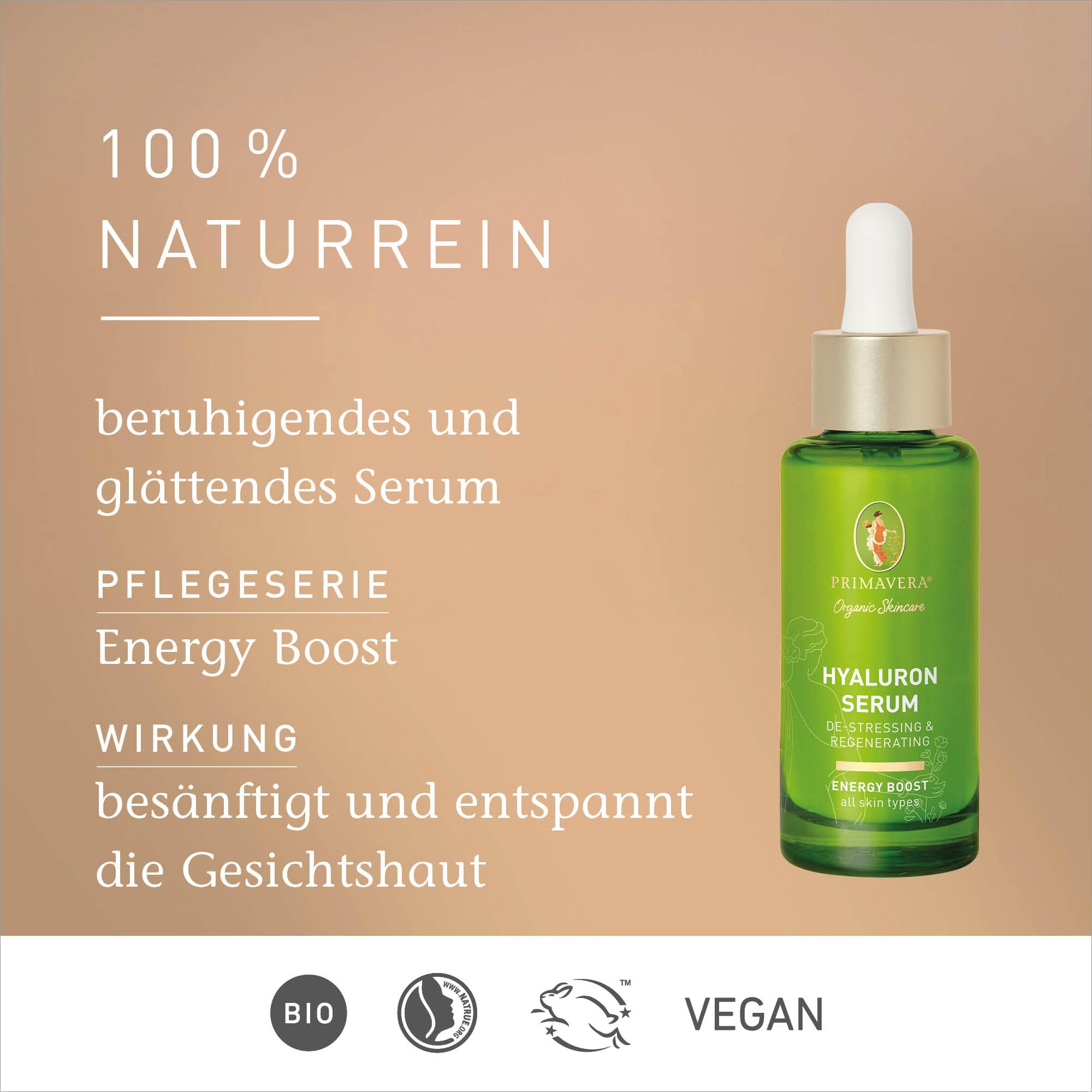 PRIMAVERA Hyaluron Serum - De-Stressing & Regenerating 30 ml - Naturkosmetik - wirkungsvolles Hyaluron Serum für alle Hauttypen - vegan