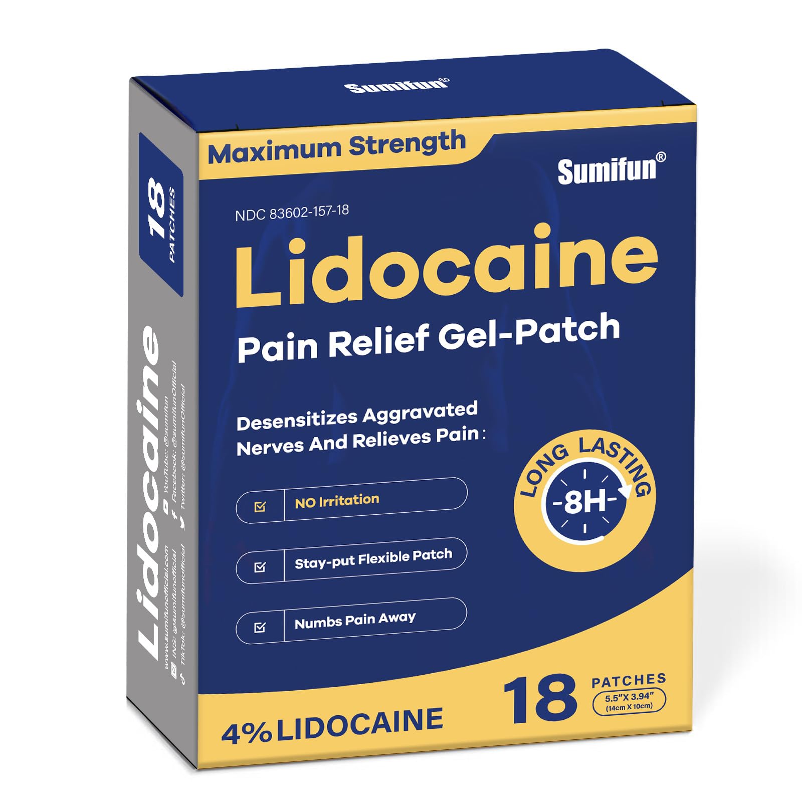 Sumifun 4% Lidocaine Pain Relief Gel Patches,Numbing Gel Patch for Back, Neck & Shoulder Pain, Numbs Away Pain,Topical Patches with Max-Strength and Apply for Up to 8 Hours (18 Count(Pack of 1))