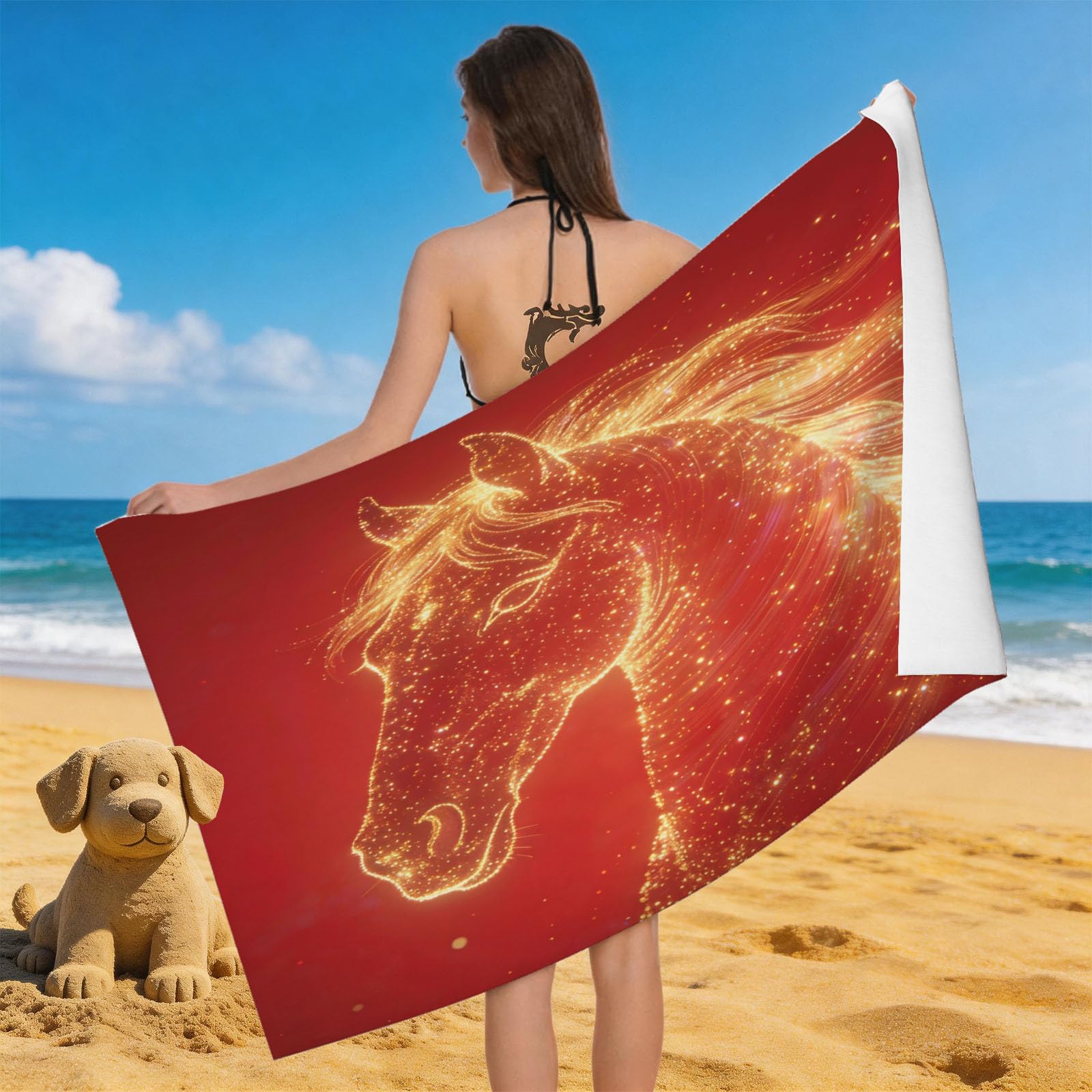 Leichong 3D Abstract Horse Beach Towel Microfiber Soft Quick Dry for Adults, Abstract Art Bath Towel Lightweight Soft Absorbent for Travel Swimming Pool Sports, 75 x 150 cm