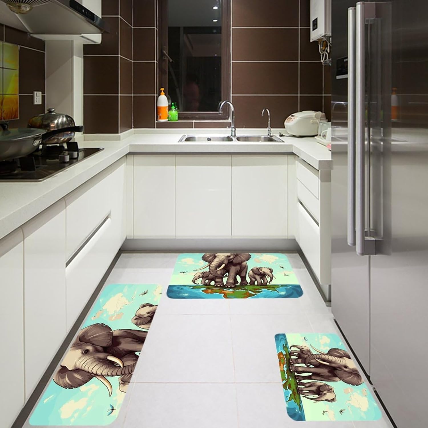 Elephants Kitchen Mats for Floor 3 Pcs Kitchen Rugs
