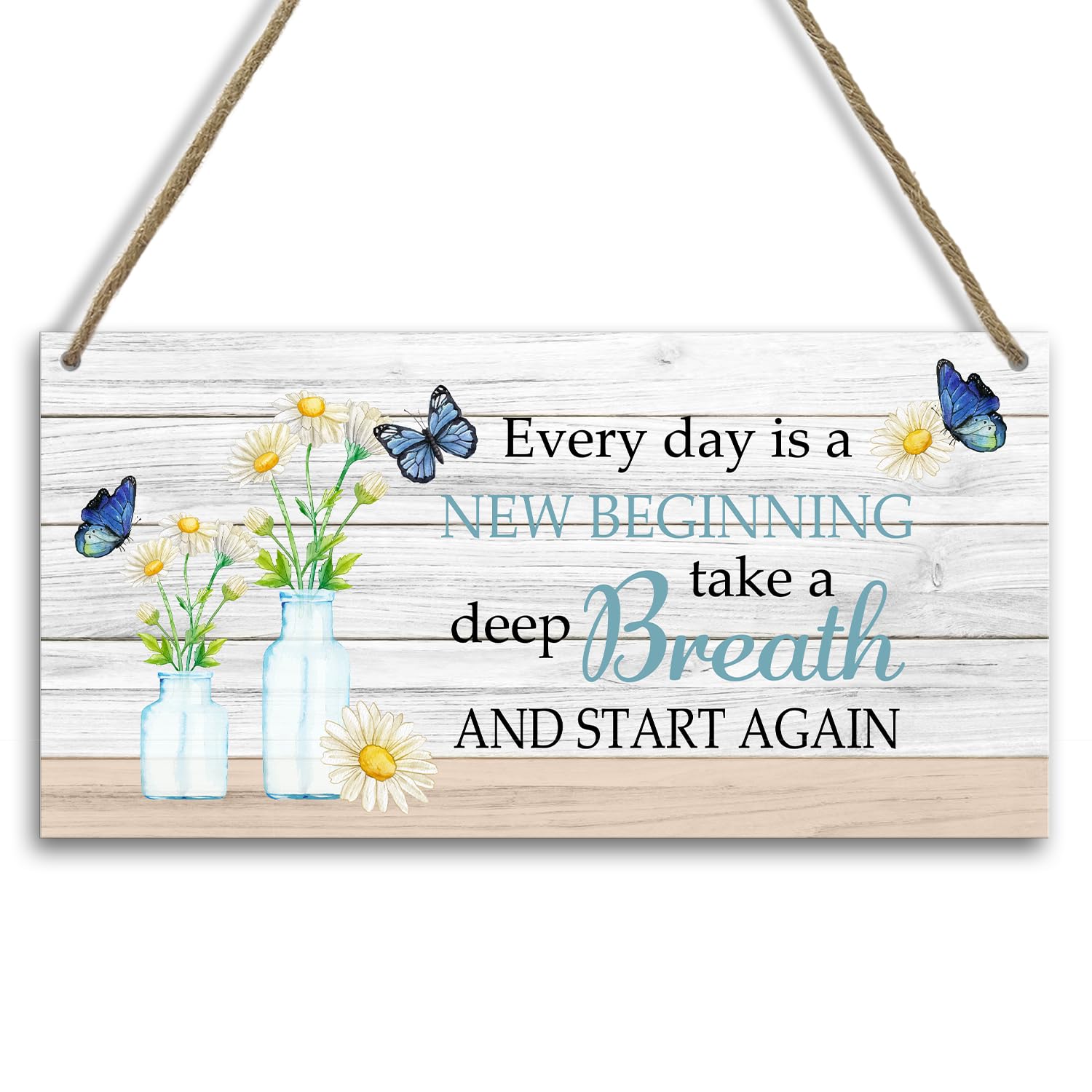 Motivational Inspirational Gift for Women Butterfly Decor Wood Hanging Sign, Wood Home Office Decor Sign Wall Plaque, Wall Art for Bedroom Wall Shelf Living Room, Everyday Is A New Beginning -21